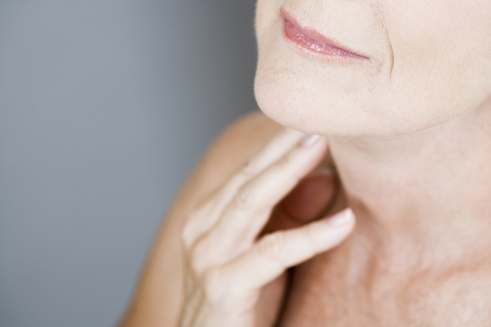 Close-up of mature skin highlighting sagging jowls, symbolizing areas Ultherapy targets.